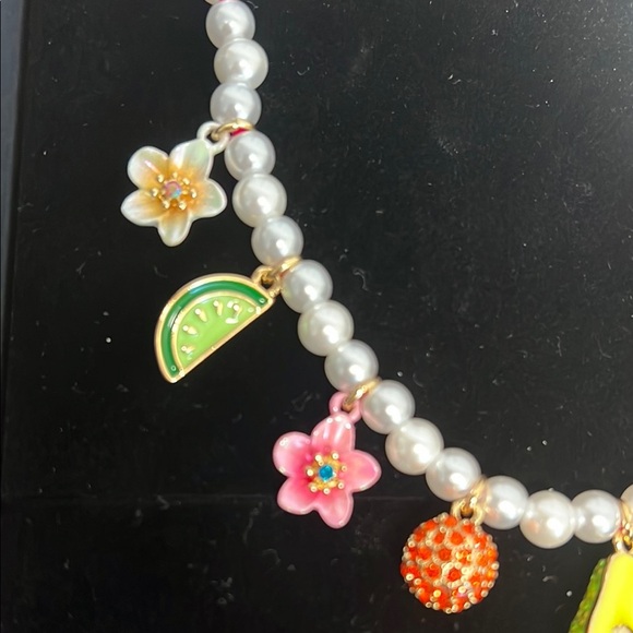 Betsey Johnson | White Pearl Necklace & Bracelet w/Charms 🥑🍉🌸🍊🫒 - Picture 3 of 9